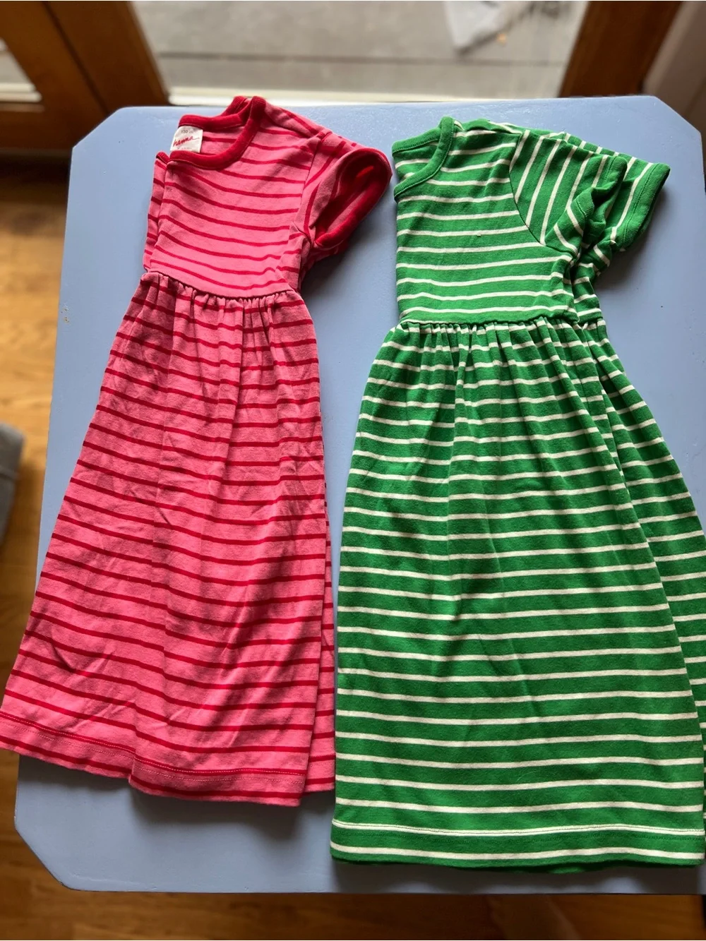 Hanna Andersson Girls' Pink and Green Striped Short-Sleeve Cotton Dress Duo